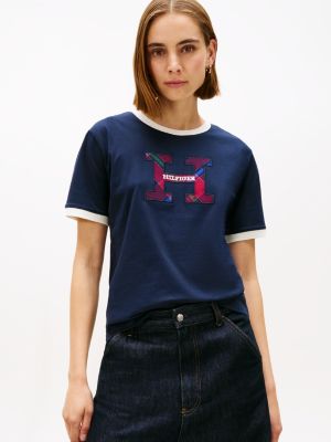 Plaid Monogram Crewneck T-Shirt, Navy