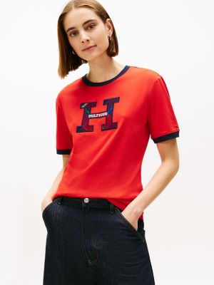 Plaid Monogram Crewneck T-Shirt, Deep Crimson