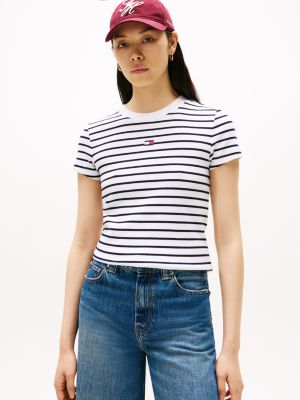 Embroidered Flag Crewneck Stripe T-Shirt, Optic White