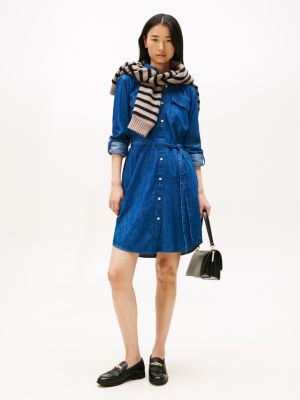 Belted Utility Denim Shirtdress, Medium Wash