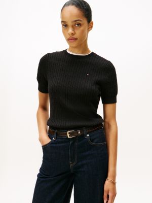 Short-Sleeve Cable Knit Sweater, Black