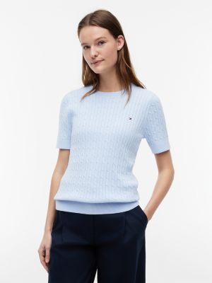 Short-Sleeve Cable Knit Sweater, Sweet Blue