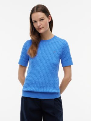 Short-Sleeve Cable Knit Sweater, Siren Blue