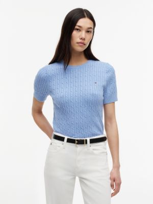 Short-Sleeve Cable Knit Sweater, Light Blue