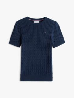 Short-Sleeve Cable Knit Sweater — Navy 5