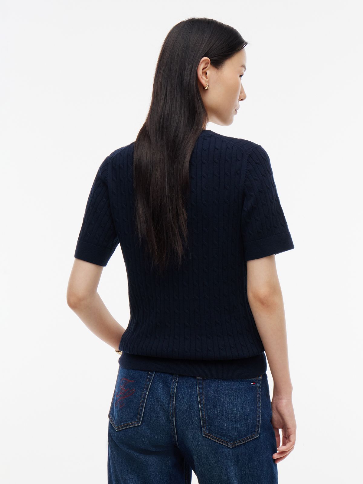 Short-Sleeve Cable Knit Sweater — Navy