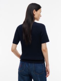 Short-Sleeve Cable Knit Sweater — Navy 4