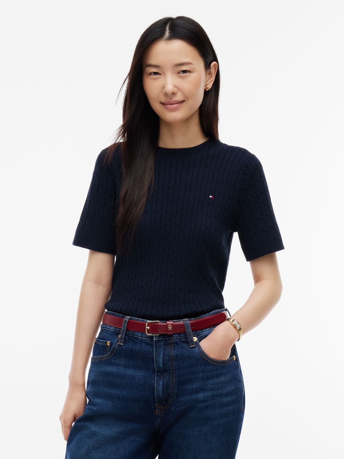 Short-Sleeve Cable Knit Sweater — Navy