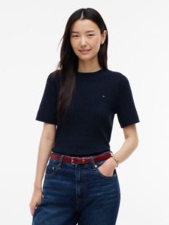 Short-Sleeve Cable Knit Sweater — Navy 1