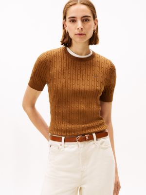 Short-Sleeve Cable Knit Sweater, Highland Khaki