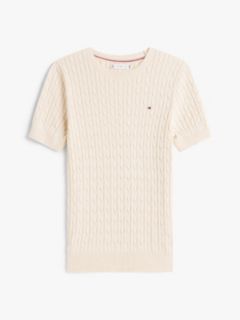 Short-Sleeve Cable Knit Sweater — Beige 5