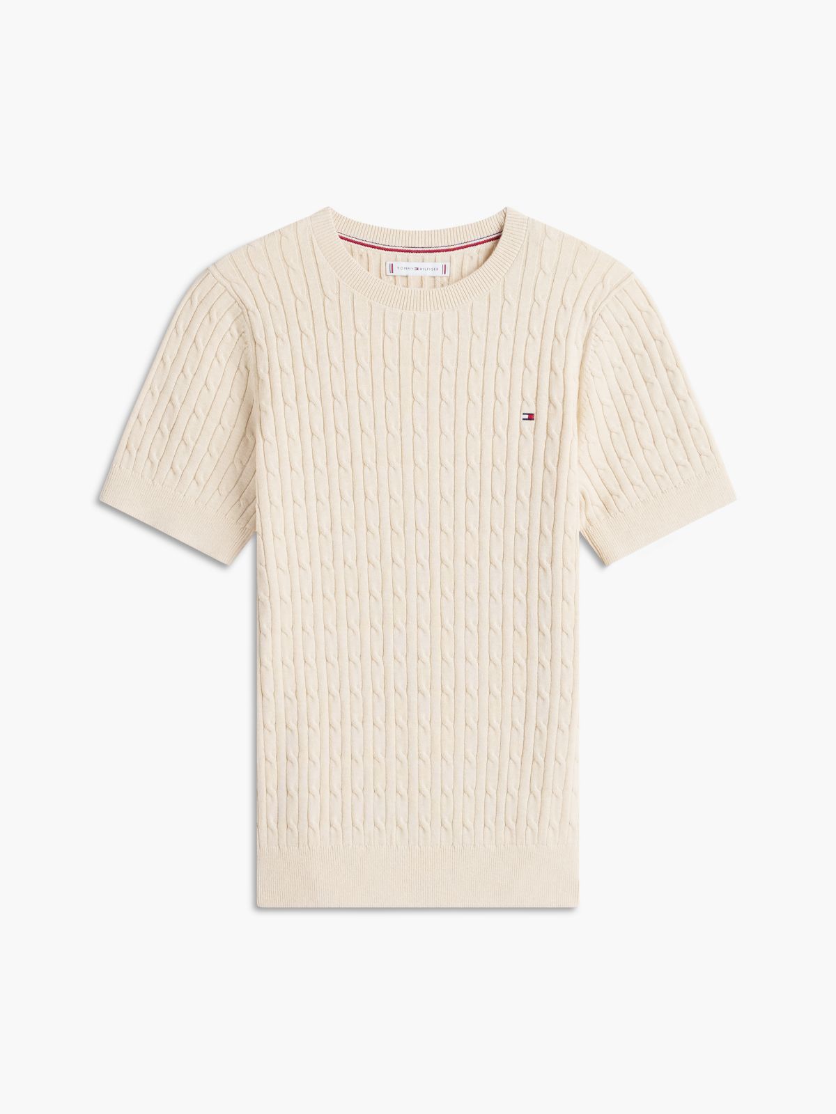 Short-Sleeve Cable Knit Sweater — Beige