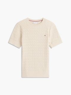 Short-Sleeve Cable Knit Sweater — Beige 6