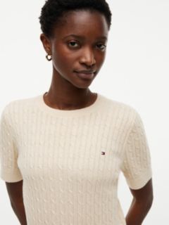 Short-Sleeve Cable Knit Sweater — Beige 3