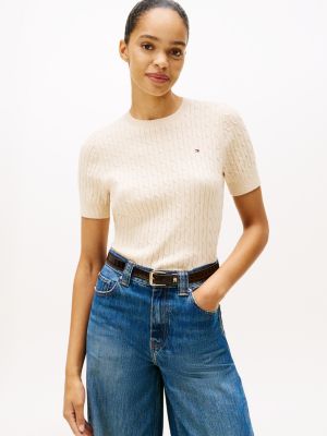 Short-Sleeve Cable Knit Sweater, Beige