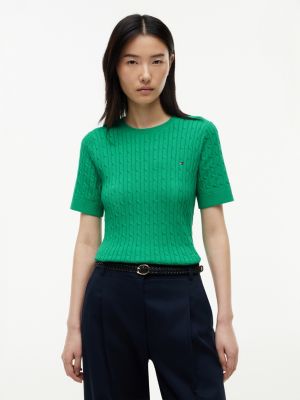Short-Sleeve Cable Knit Sweater, Cosmic Green