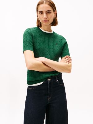 Short-Sleeve Cable Knit Sweater, Ornamental Green