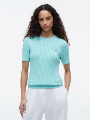 Short-Sleeve Cable Knit Sweater, Mint Green