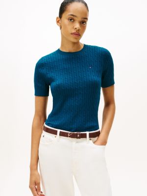 Short-Sleeve Cable Knit Sweater, Midnight Turquoise