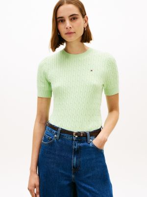 Short-Sleeve Cable Knit Sweater, Frosty Lime