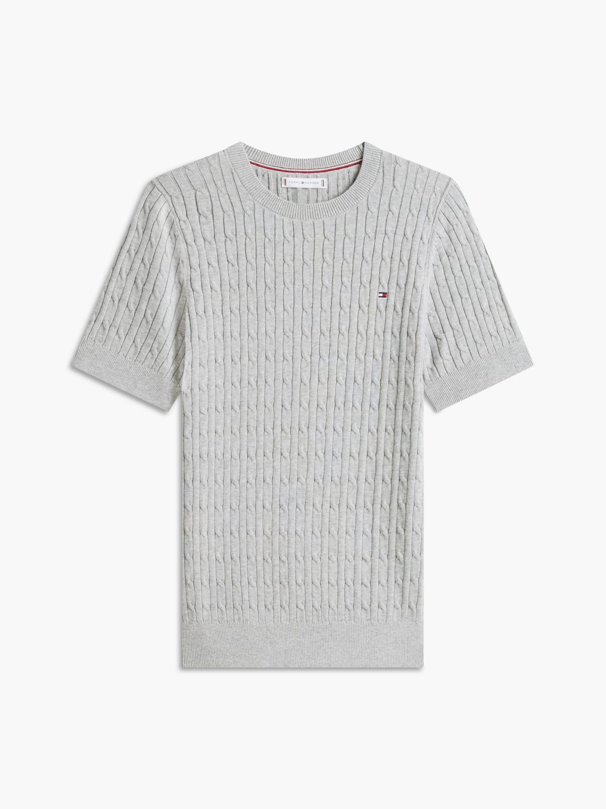 Short-Sleeve Cable Knit Sweater — Grey