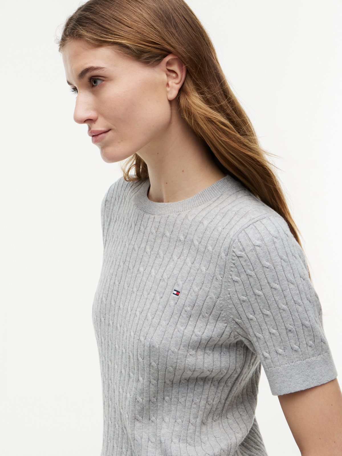 Short-Sleeve Cable Knit Sweater — Grey