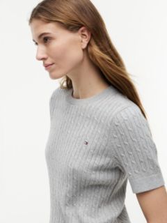 Short-Sleeve Cable Knit Sweater — Grey 3