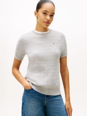 Short-Sleeve Cable Knit Sweater, Grey