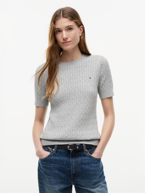 Short-Sleeve Cable Knit Sweater — Grey