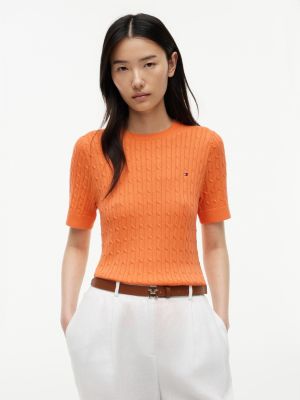 Short-Sleeve Cable Knit Sweater, Papaya Ray