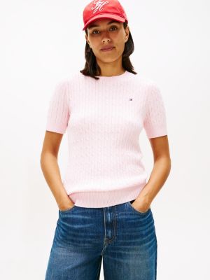 Short-Sleeve Cable Knit Sweater, Light Pink