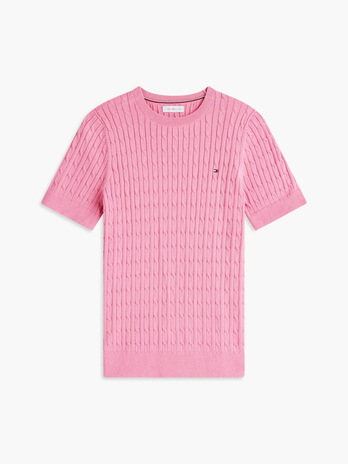 Short-Sleeve Cable Knit Sweater — Mystic Pink