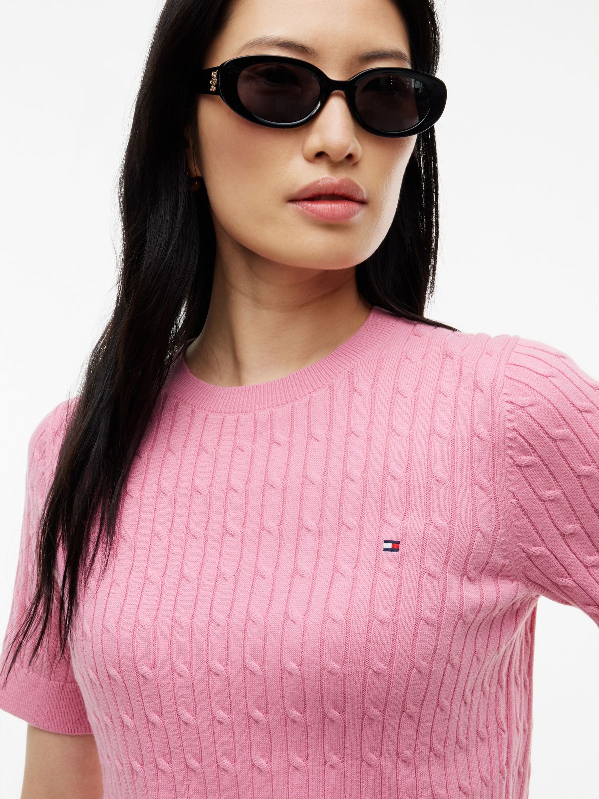 Short-Sleeve Cable Knit Sweater — Mystic Pink
