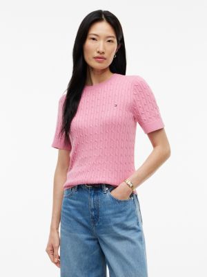 Short-Sleeve Cable Knit Sweater, Mystic Pink