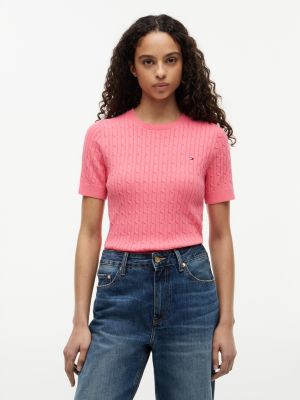 Short-Sleeve Cable Knit Sweater, Garden Rose