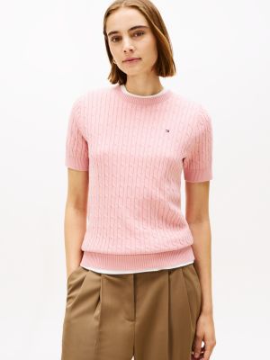 Short-Sleeve Cable Knit Sweater, Elegant Pink