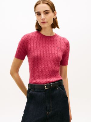 Short-Sleeve Cable Knit Sweater, Heather Rouge