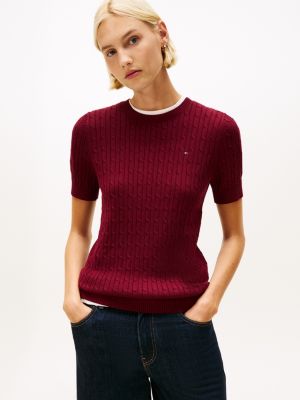 Short-Sleeve Cable Knit Sweater, Burgundy
