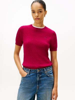 Short-Sleeve Cable Knit Sweater, Italian Wine