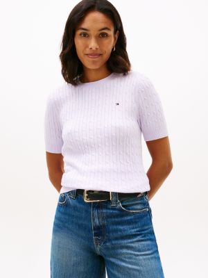 Short-Sleeve Cable Knit Sweater, Lilac Sprig
