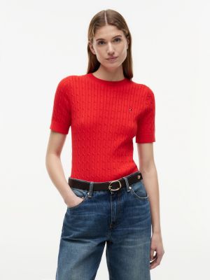 Short-Sleeve Cable Knit Sweater, Fierce Red