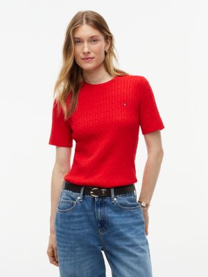 Tommy Hilfiger Women's Short-Sleeve Cable Knit Sweater - Deep Crimson - L