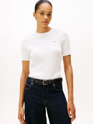 Short-Sleeve Cable Knit Sweater, Ecru