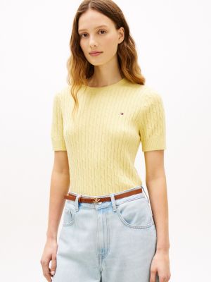 Short-Sleeve Cable Knit Sweater, Yellow Heather
