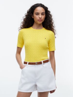 Short-Sleeve Cable Knit Sweater, Star Fruit Yellow