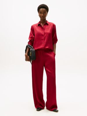 Textured Stretch Satin Pull-On Pant, Rouge