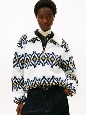 Fair Isle Print Teddy Fleece Sweatshirt, Ecru Multi