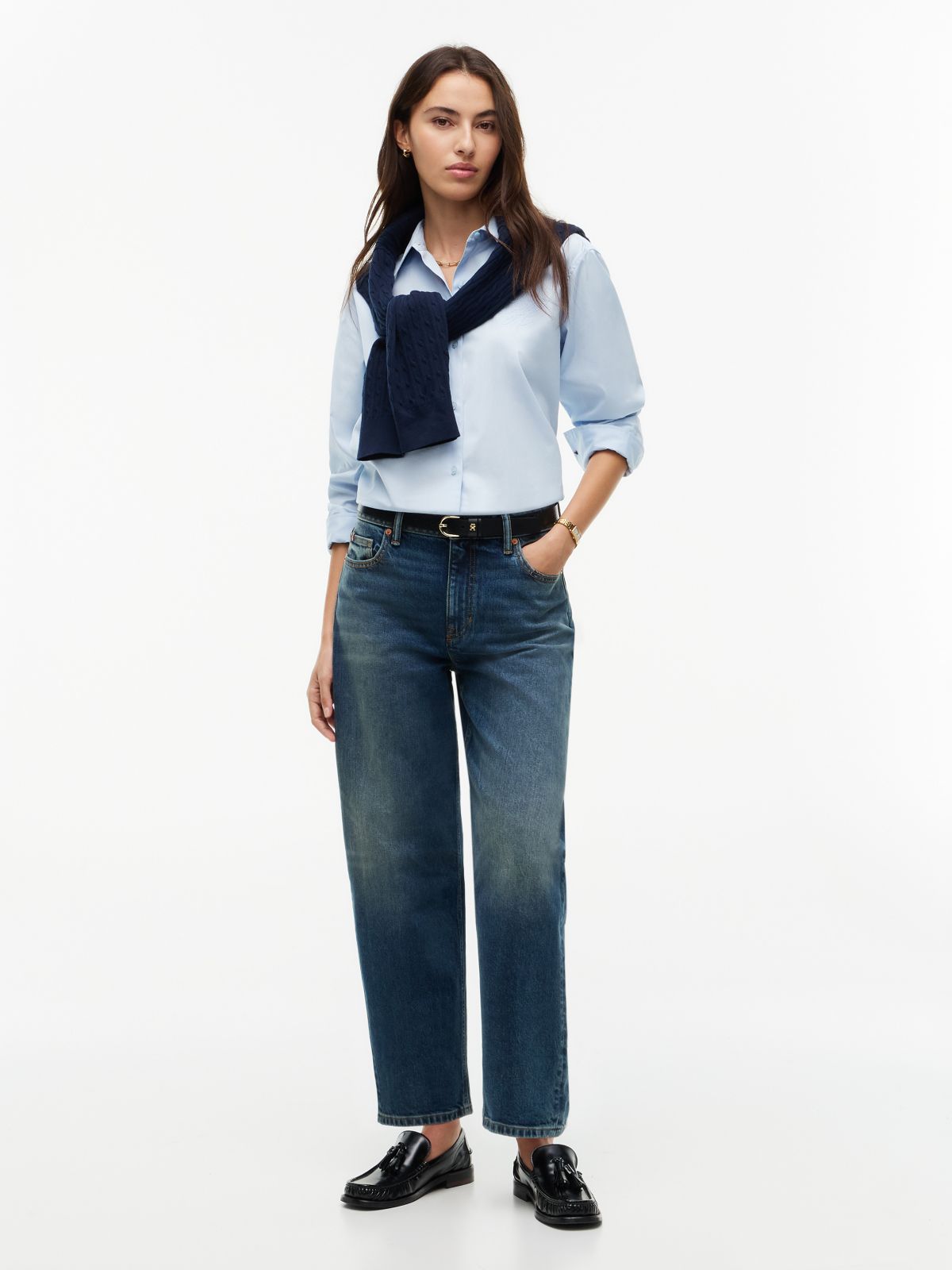 Stretch High-Rise Barrel Jean — Med Dark Wash