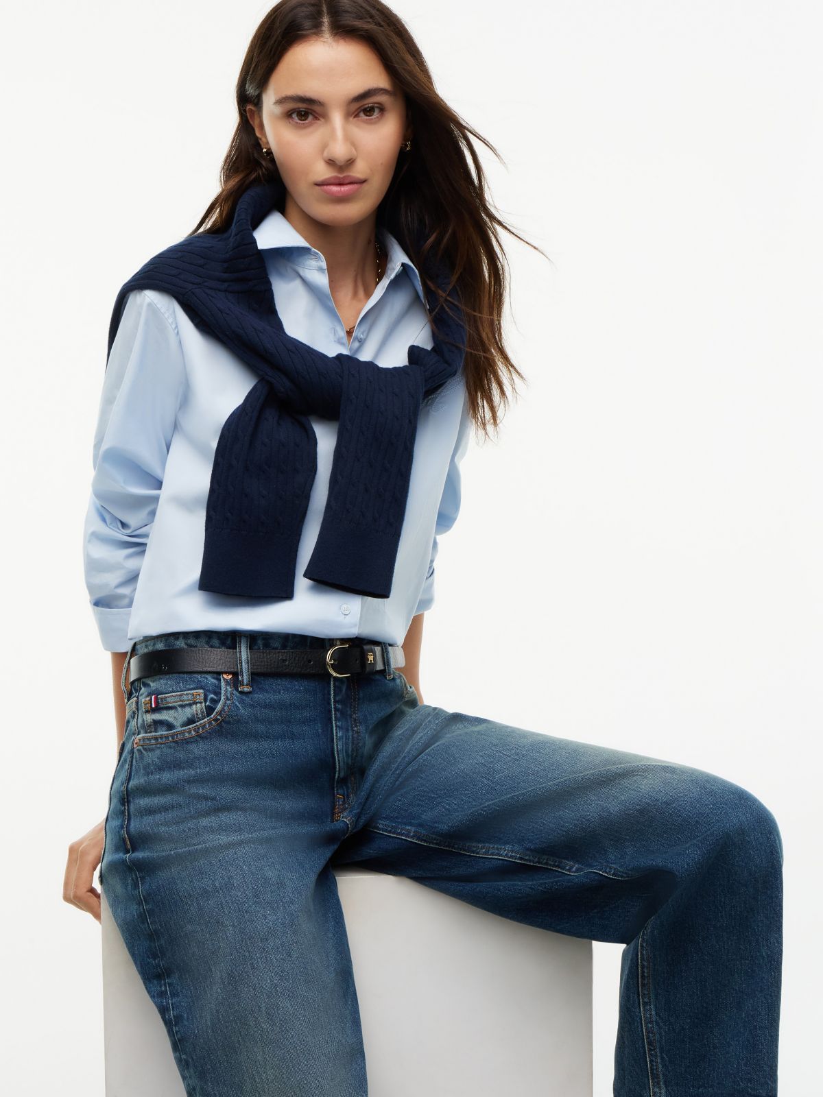 Stretch High-Rise Barrel Jean — Med Dark Wash