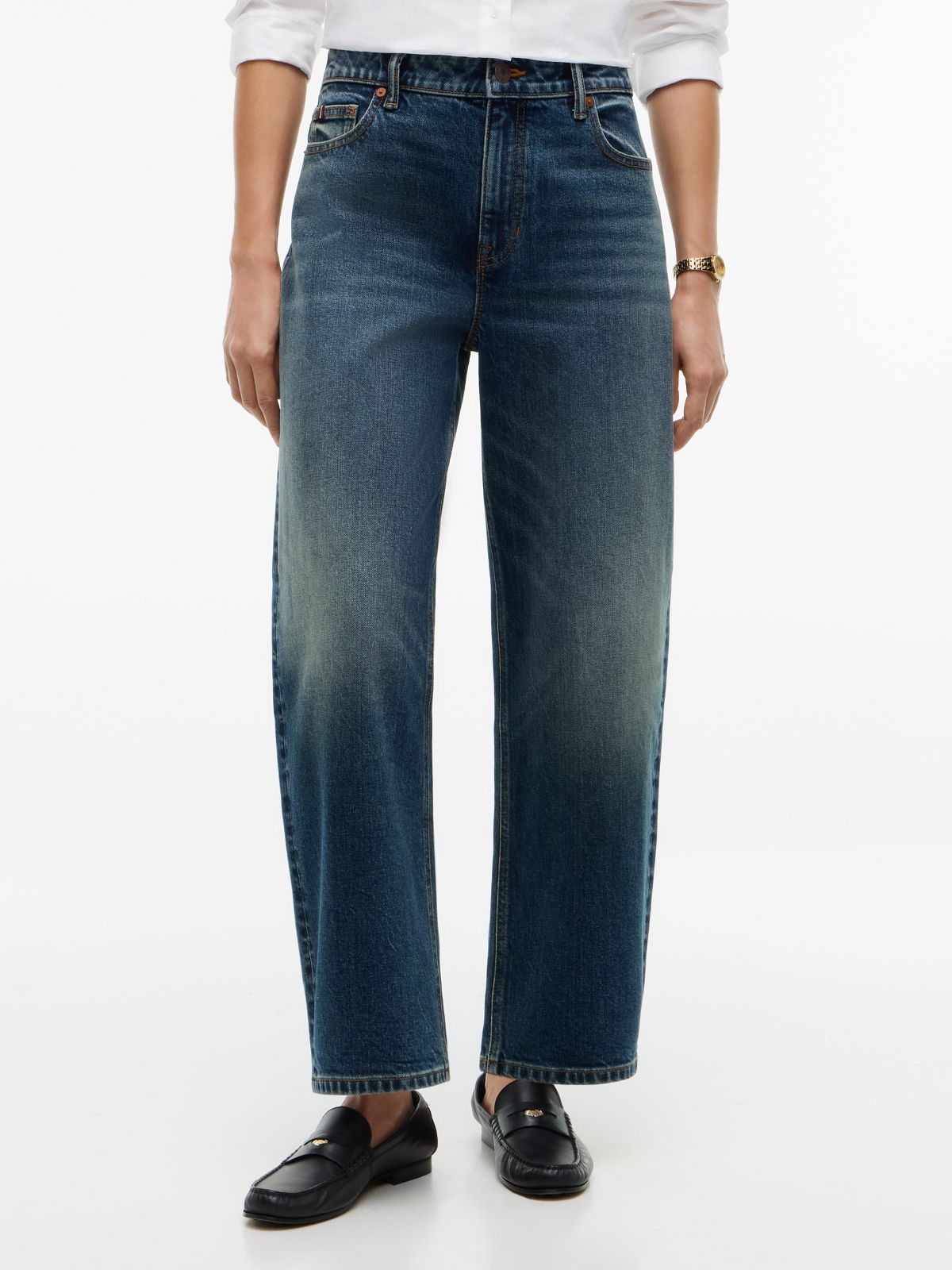 Stretch High-Rise Barrel Jean — Med Dark Wash